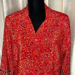 Sag Harbor Women’s Medium Red Paisley Floral 3/4 Sleeve Button Down Blouse